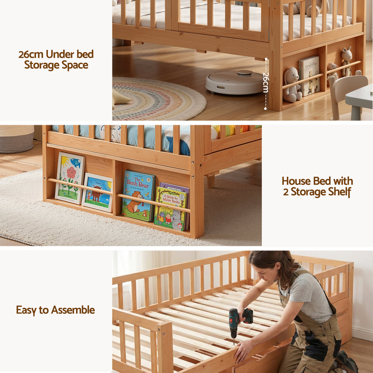 - Single Bed Frame with Storage Drawers &amp; Safety Rails - Natural Artiss Furniture > Bedroom > Beds &amp; Bed Frames