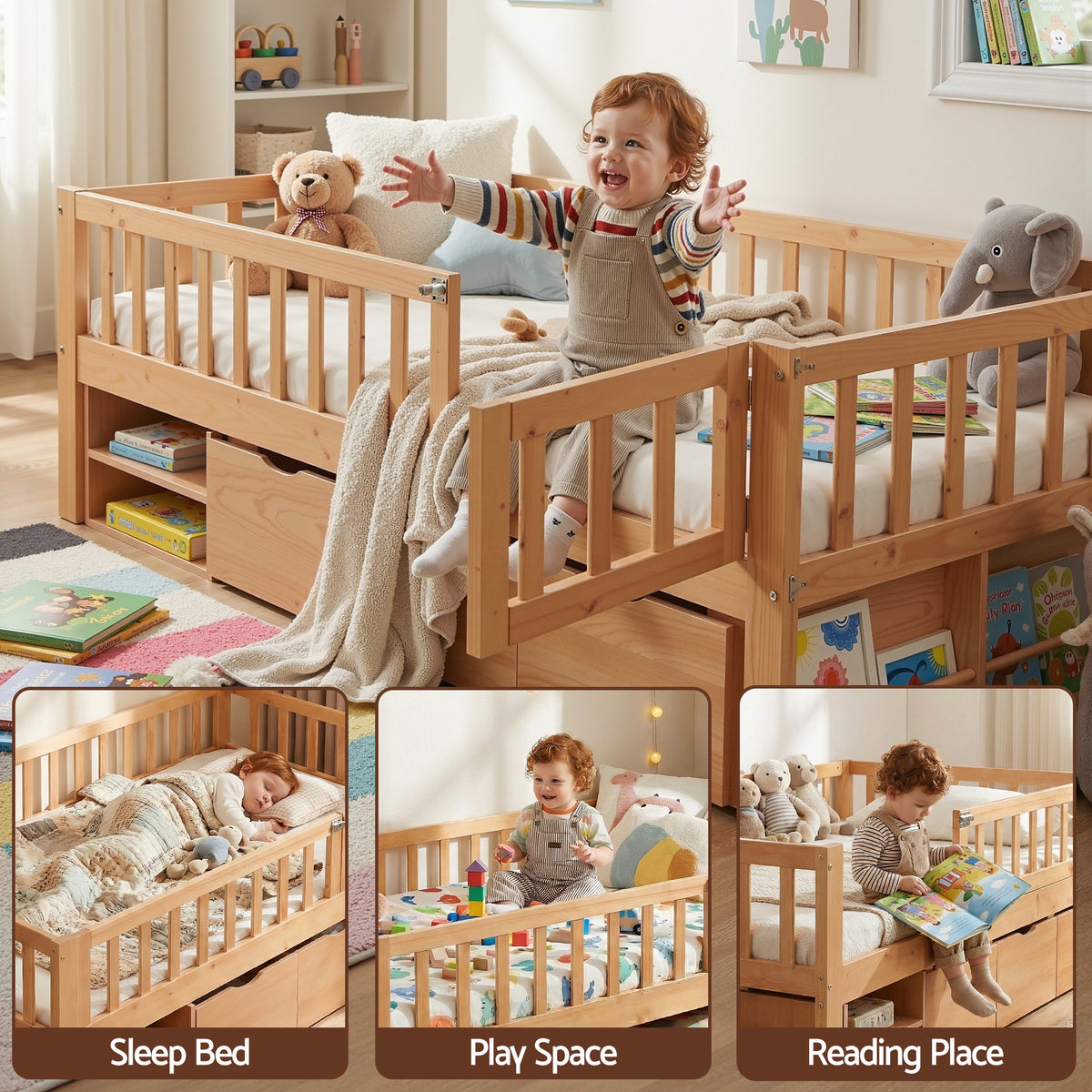 - Single Bed Frame with Storage Drawers &amp; Safety Rails - Natural Artiss Furniture > Bedroom > Beds &amp; Bed Frames