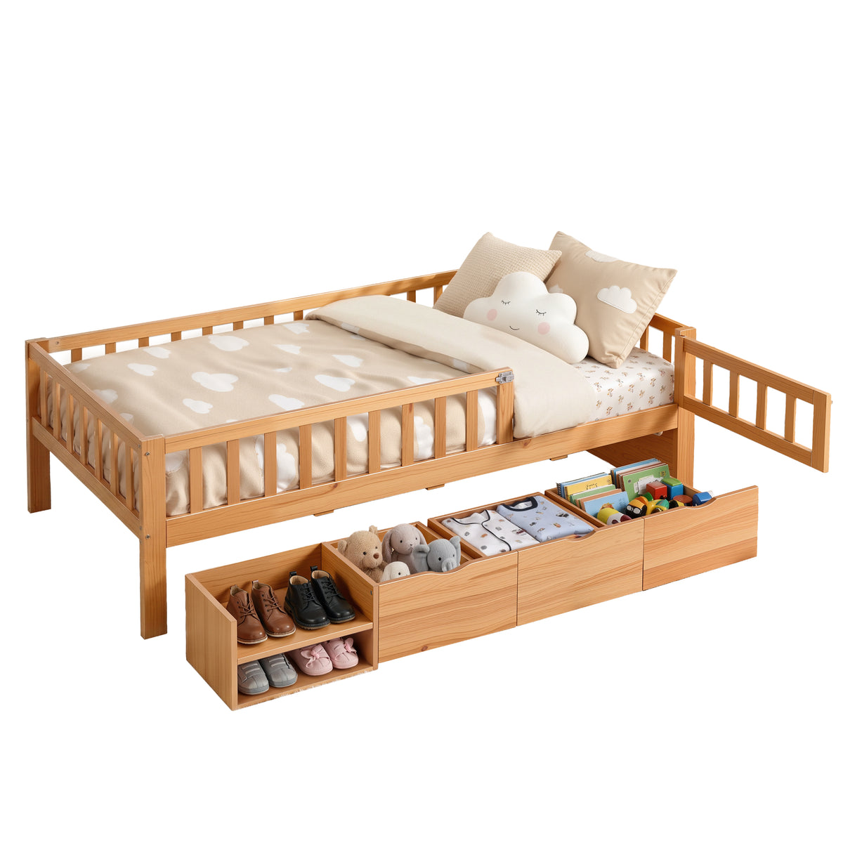 - Single Bed Frame with Storage Drawers &amp; Safety Rails - Natural Artiss Furniture > Bedroom > Beds &amp; Bed Frames