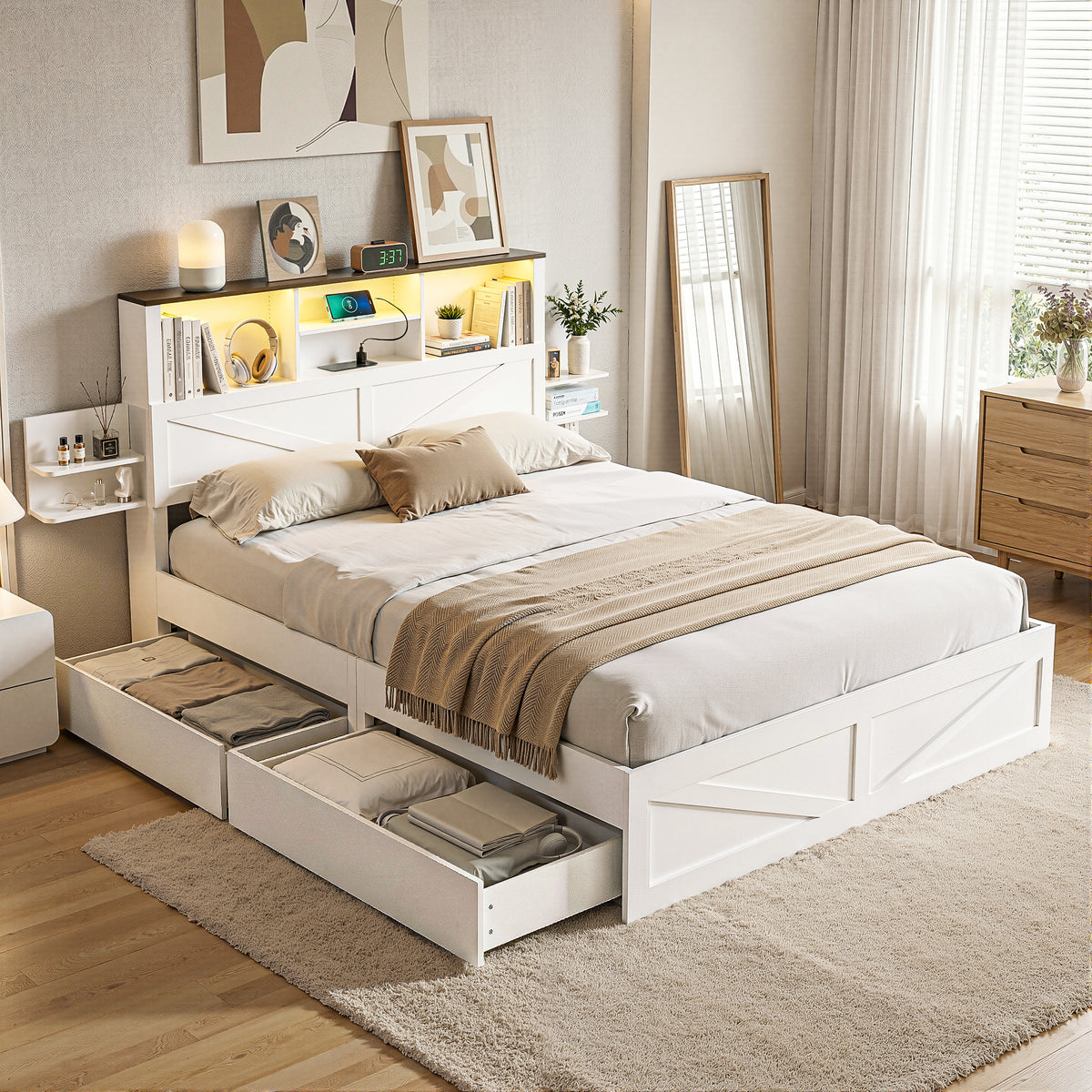 - Double Bed Frame with Storage Headboard, Drawers, LED Lights &amp; Charging Station - White Artiss Furniture > Bedroom > Beds &amp; Bed Frames
