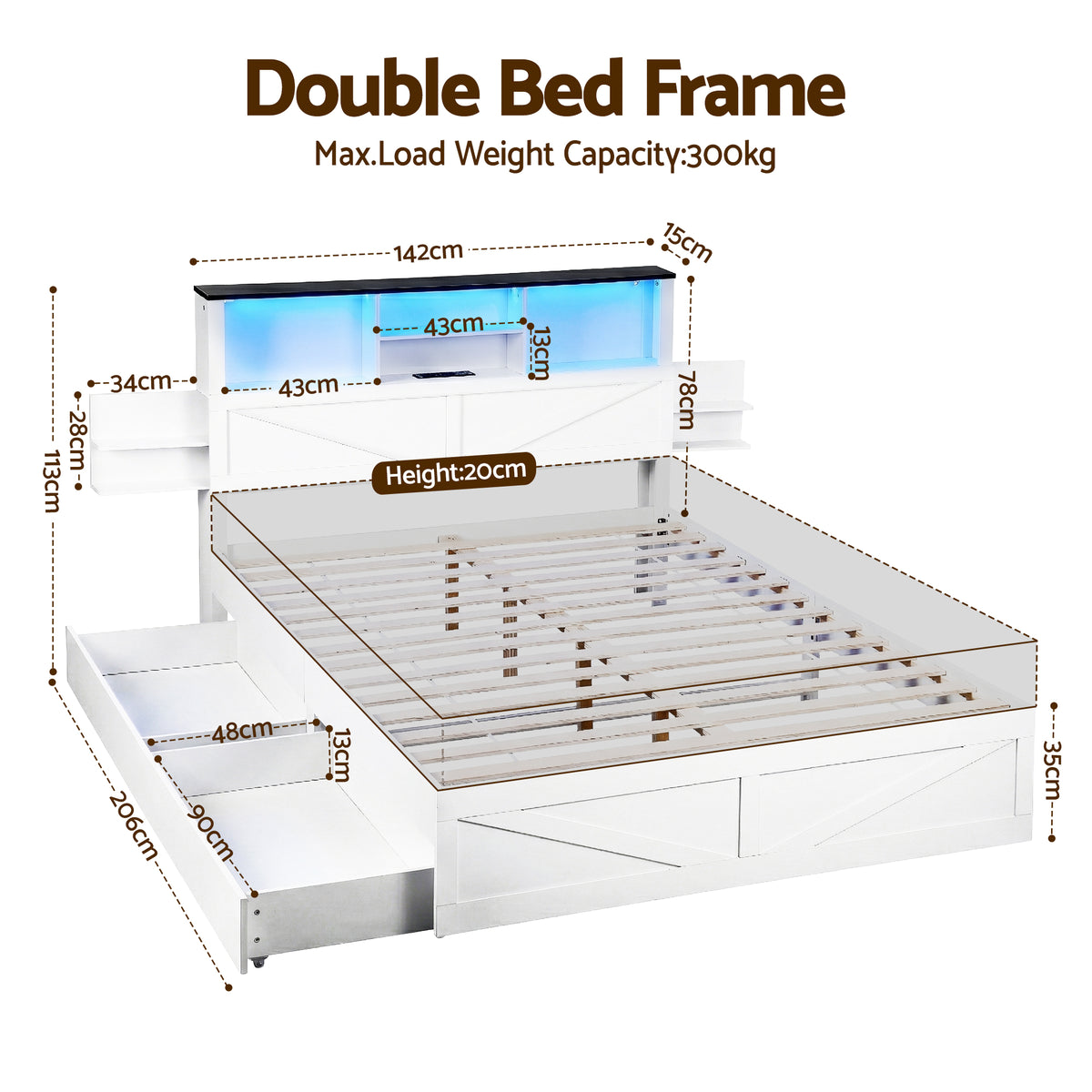 - Double Bed Frame with Storage Headboard, Drawers, LED Lights &amp; Charging Station - White Artiss Furniture > Bedroom > Beds &amp; Bed Frames