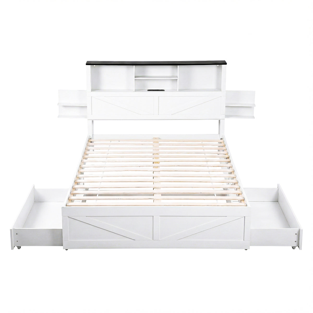 - Double Bed Frame with Storage Headboard, Drawers, LED Lights &amp; Charging Station - White Artiss Furniture > Bedroom > Beds &amp; Bed Frames