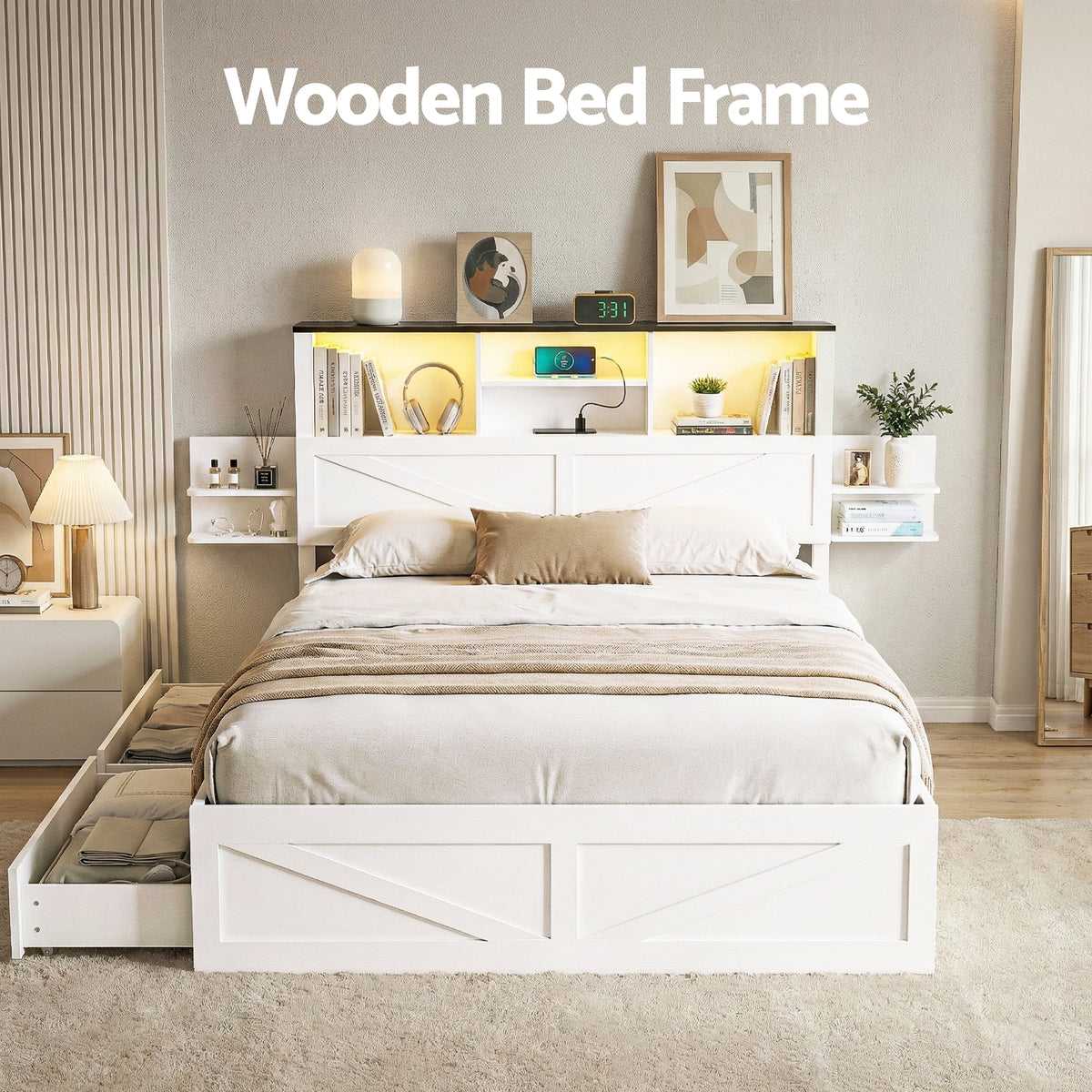 - Double Bed Frame with Storage Headboard, Drawers, LED Lights &amp; Charging Station - White Artiss Furniture > Bedroom > Beds &amp; Bed Frames