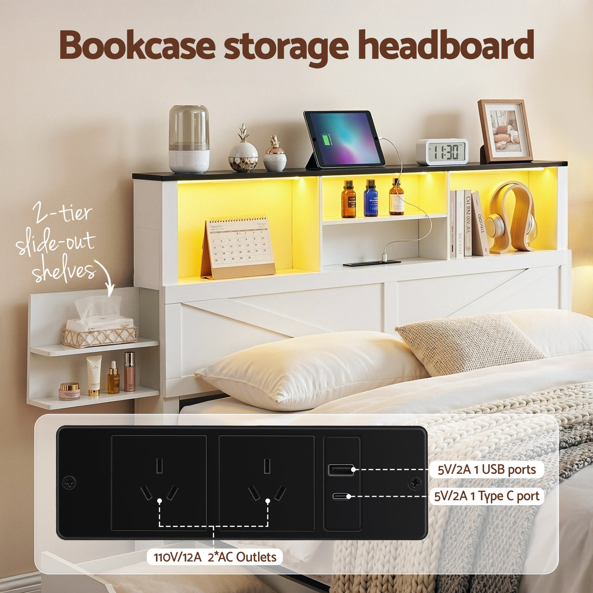 - Double Bed Frame with Storage Headboard, Drawers, LED Lights &amp; Charging Station - White Artiss Furniture > Bedroom > Beds &amp; Bed Frames