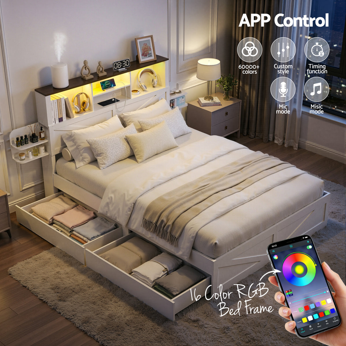 - Double Bed Frame with Storage Headboard, Drawers, LED Lights &amp; Charging Station - White Artiss Furniture > Bedroom > Beds &amp; Bed Frames
