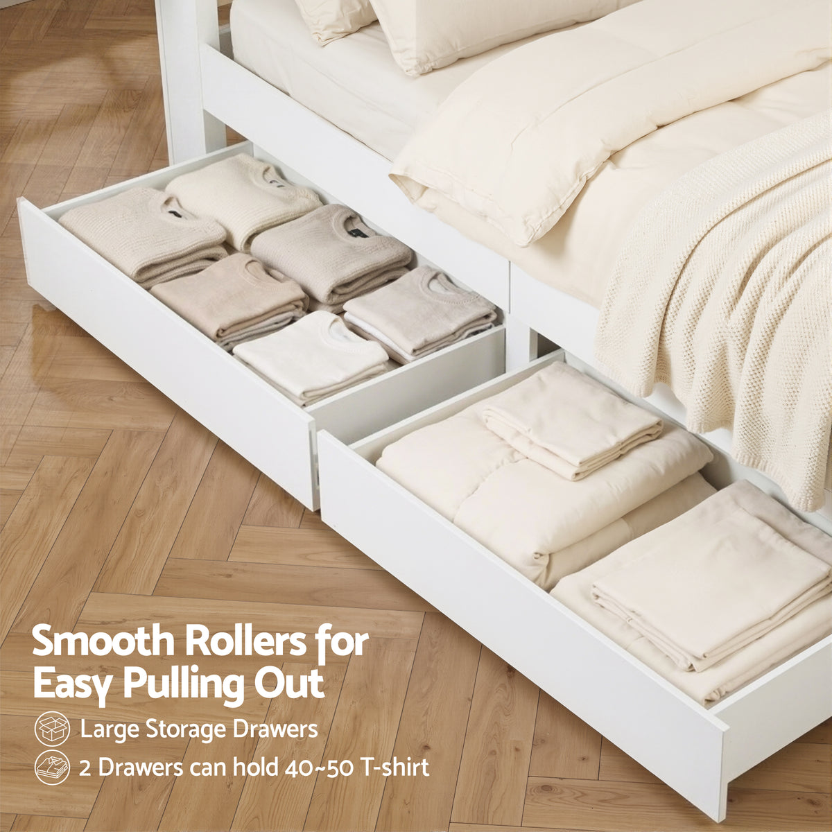 - Double Bed Frame with Storage Headboard, Drawers, LED Lights &amp; Charging Station - White Artiss Furniture > Bedroom > Beds &amp; Bed Frames