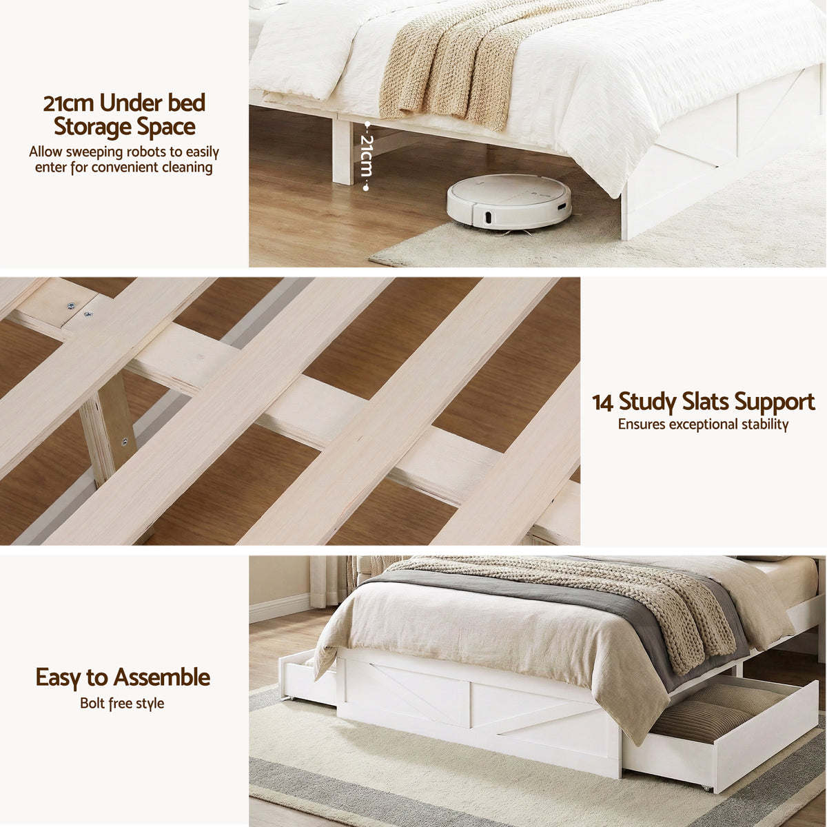 - Double Bed Frame with Storage Headboard, Drawers, LED Lights &amp; Charging Station - White Artiss Furniture > Bedroom > Beds &amp; Bed Frames