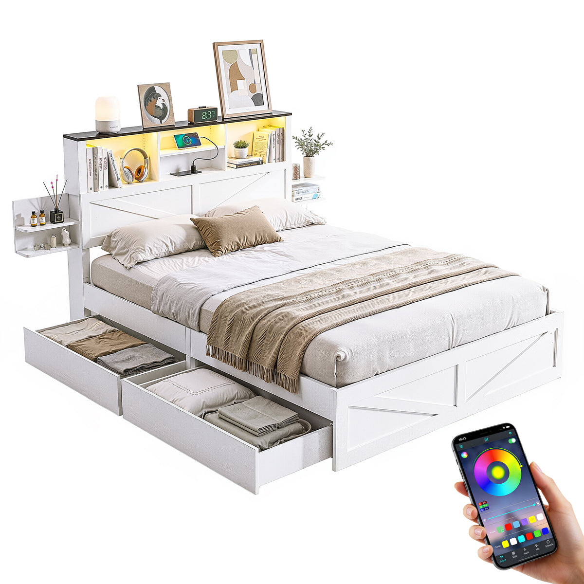 - Double Bed Frame with Storage Headboard, Drawers, LED Lights &amp; Charging Station - White Artiss Furniture > Bedroom > Beds &amp; Bed Frames