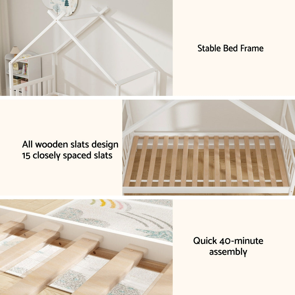 - Montessori-Inspired Single House Bed Frame – Solid Pine, White Baby Stork Furniture > Bedroom > Beds & Bed Frames
