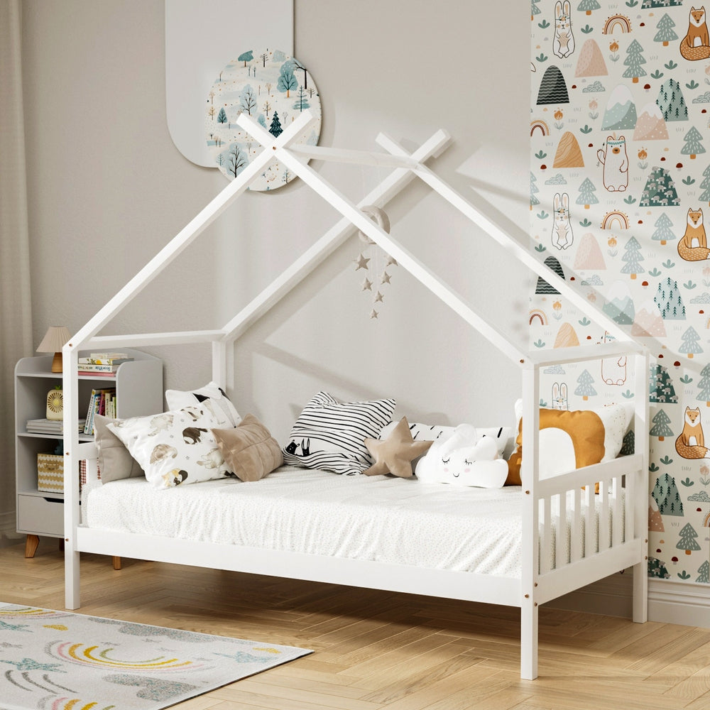 - Montessori-Inspired Single House Bed Frame – Solid Pine, White Baby Stork Furniture > Bedroom > Beds & Bed Frames