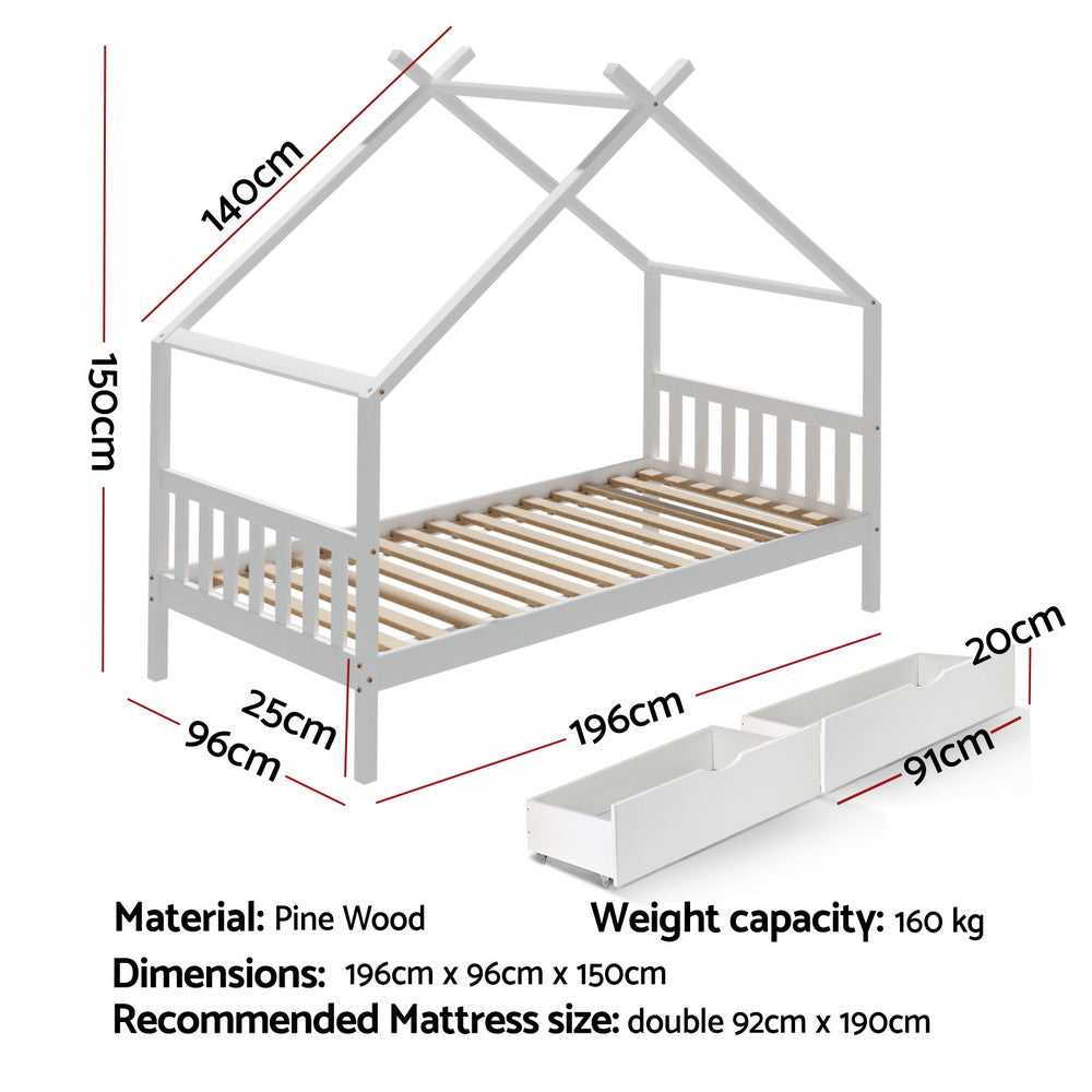 - Kids House Bed Frame with 2 Storage Drawers – Solid Pine, White Artiss Furniture > Bedroom > Beds & Bed Frames
