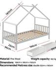 - Kids House Bed Frame with 2 Storage Drawers – Solid Pine, White Artiss Furniture > Bedroom > Beds & Bed Frames