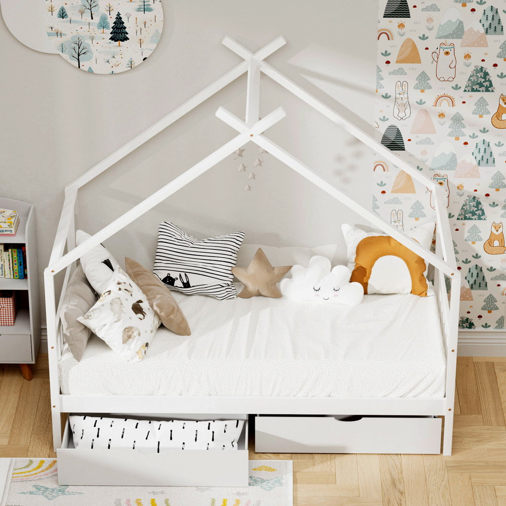 - Kids House Bed Frame with 2 Storage Drawers – Solid Pine, White Artiss Furniture > Bedroom > Beds & Bed Frames