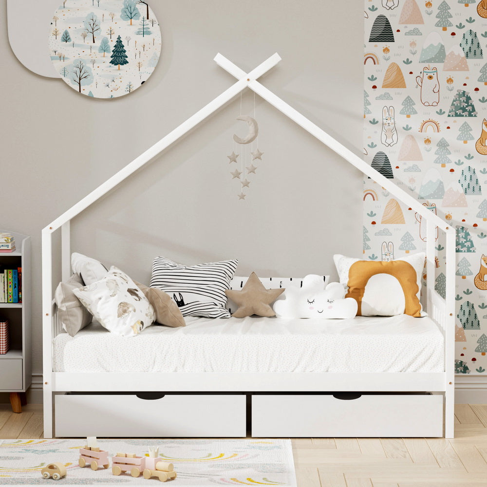- Kids House Bed Frame with 2 Storage Drawers – Solid Pine, White Artiss Furniture > Bedroom > Beds & Bed Frames