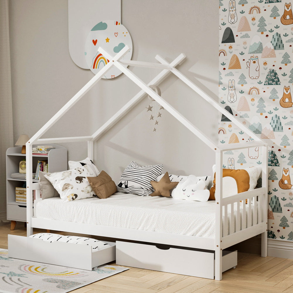- Kids House Bed Frame with 2 Storage Drawers – Solid Pine, White Artiss Furniture > Bedroom > Beds & Bed Frames