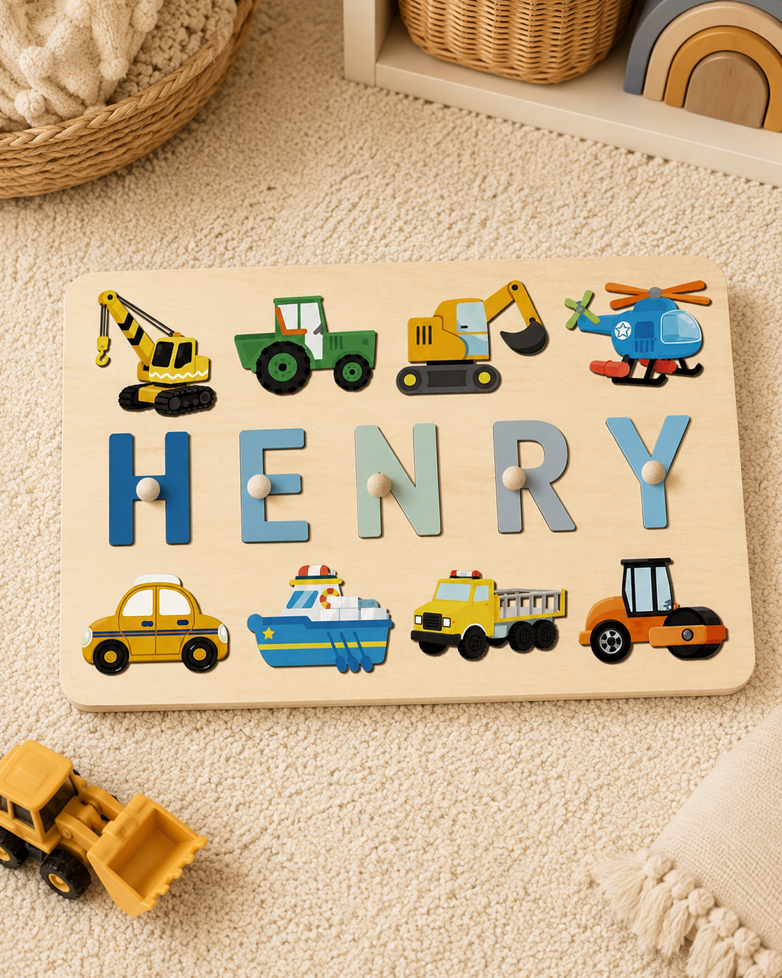 Personalised Vehicle Wooden Name Puzzle | Custom Construction &amp; Transport Learning Toy