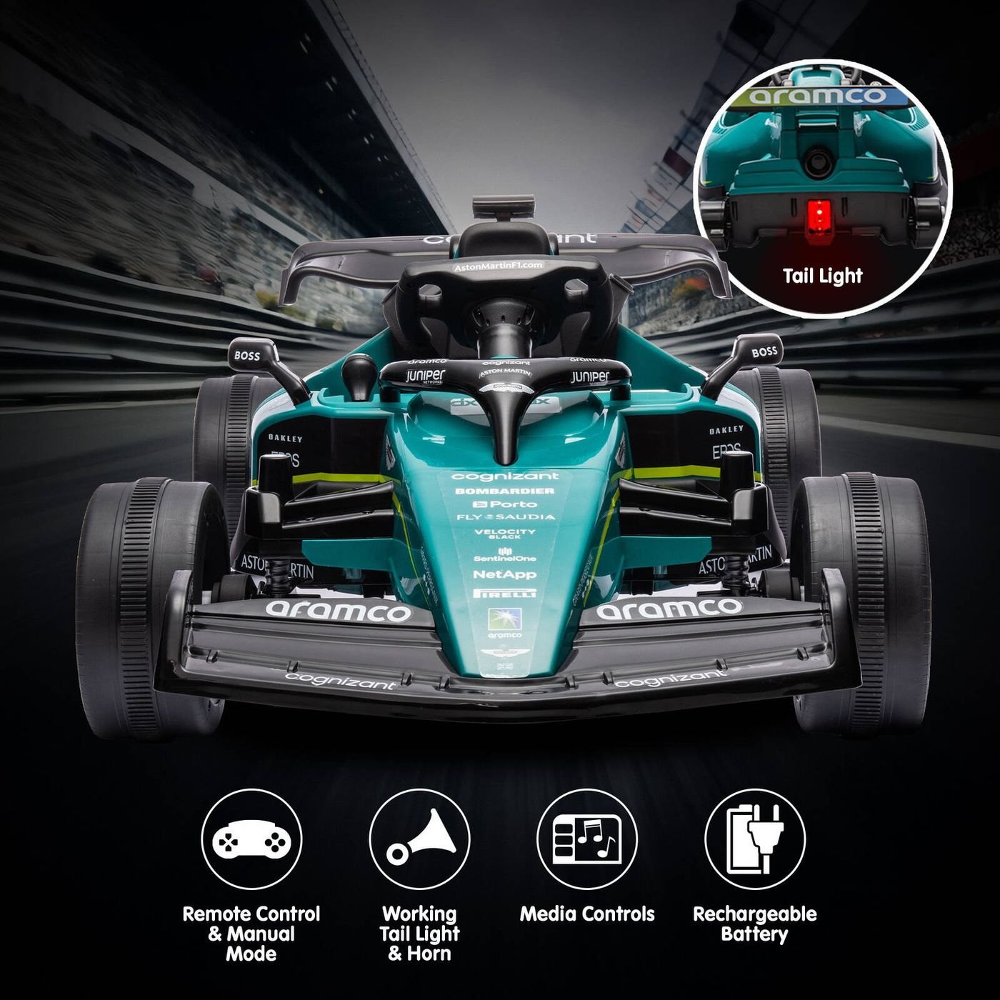 - Aston Martin F1-Style Electric Ride On Car – 24V, Remote, Music & Lights Baby Stork Baby & Kids > Ride On Cars, Go-karts & Bikes > Ride On Cars