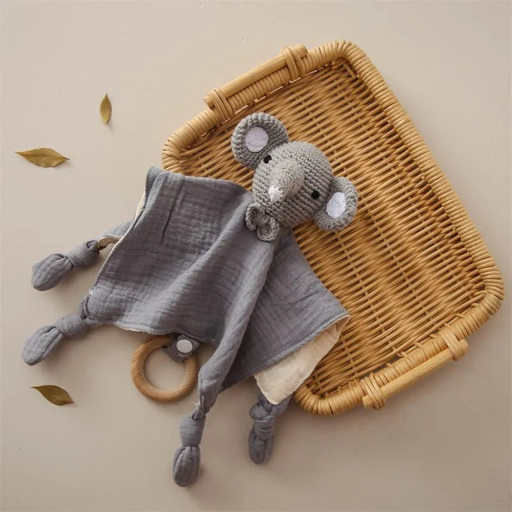 - Crochet Animal Comforter - Cotton Sleep Aid with Wooden Ring Baby Stork Baby Toys & Activity Equipment