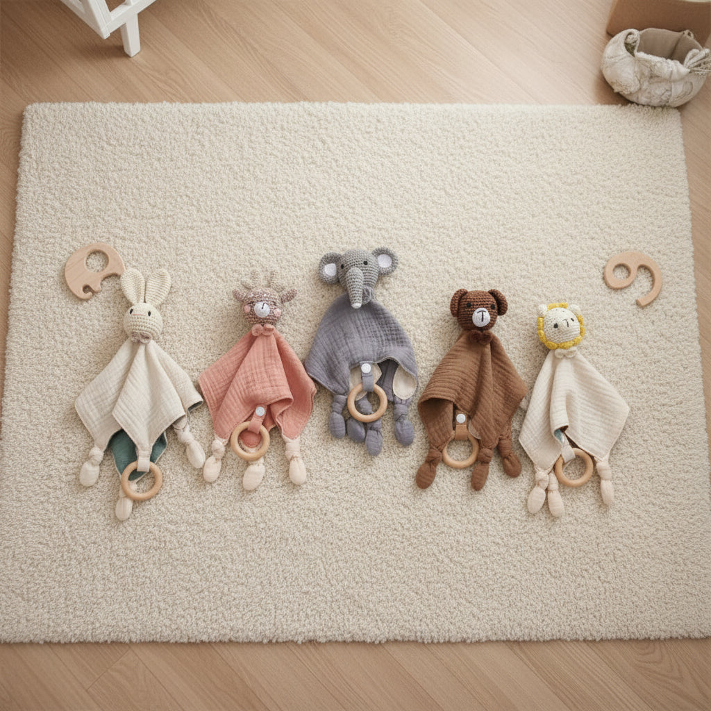 Elephant - Crochet Animal Comforter - Cotton Sleep Aid with Wooden Ring Baby Stork Baby Toys & Activity Equipment