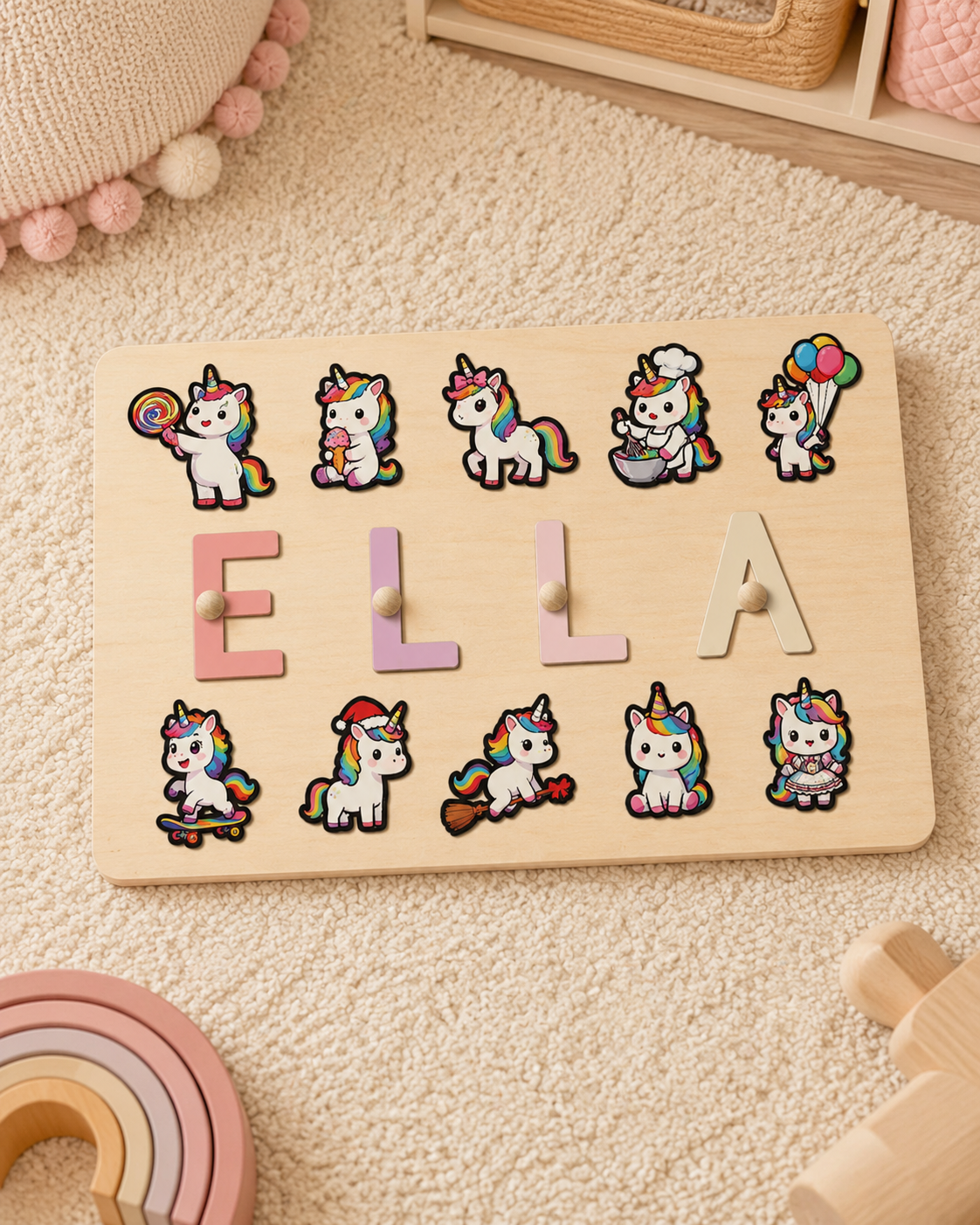 Personalised Unicorn Wooden Name Puzzle | Custom Montessori Learning Toy