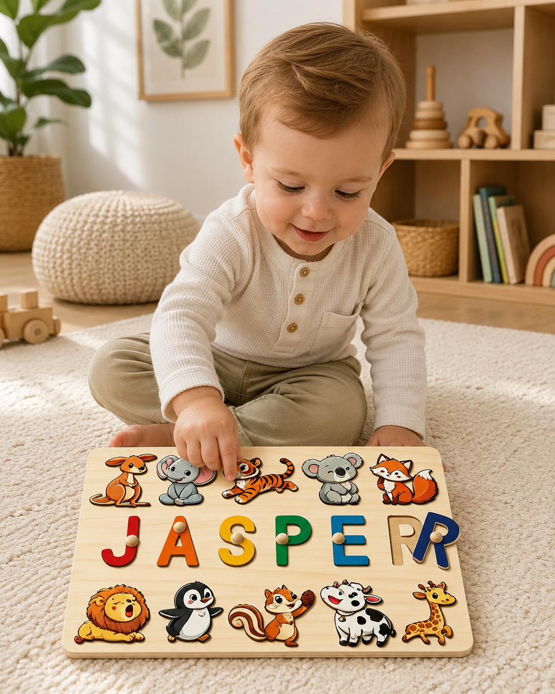 Personalised Wooden Name Puzzle Board | Animal-Themed Montessori Learning Toy