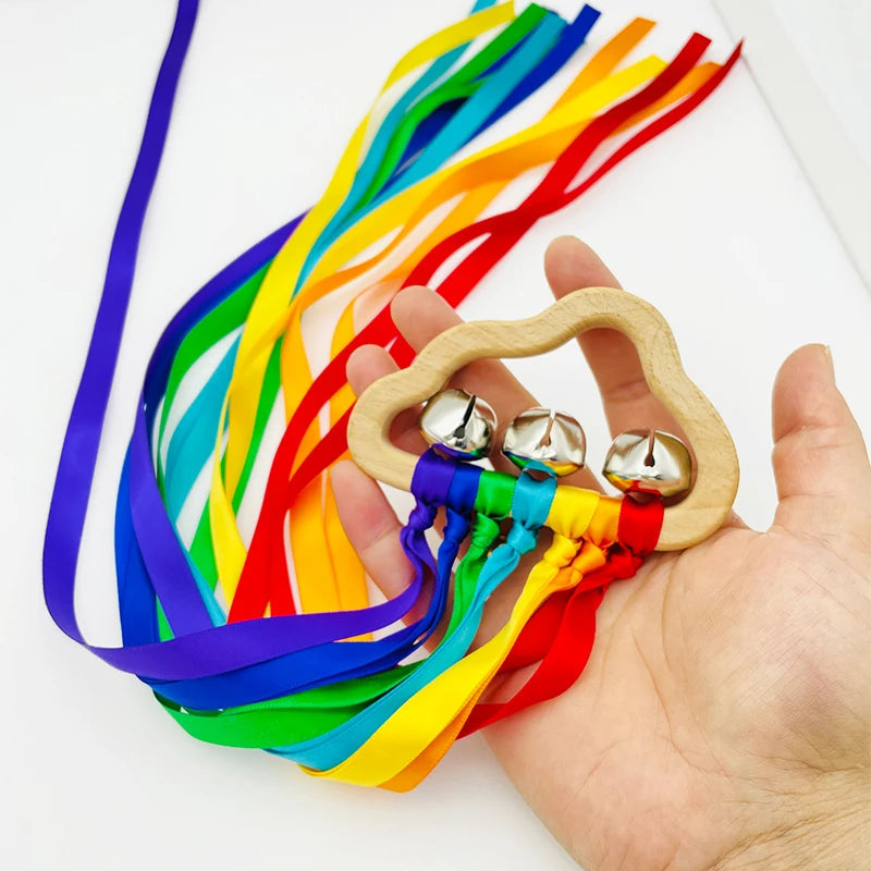 Rainbow Ribbon Ring Sensory Toy Natural Wooden Teether for Babies Baby Stork