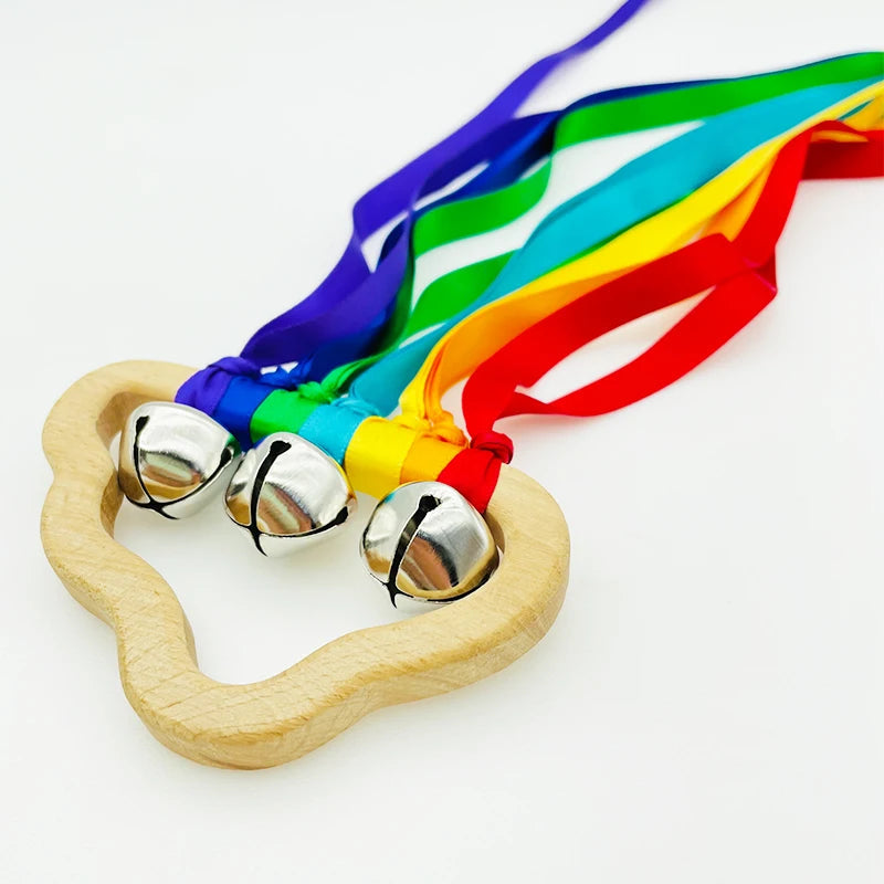 Rainbow Ribbon Ring Sensory Toy Natural Wooden Teether for Babies Baby Stork