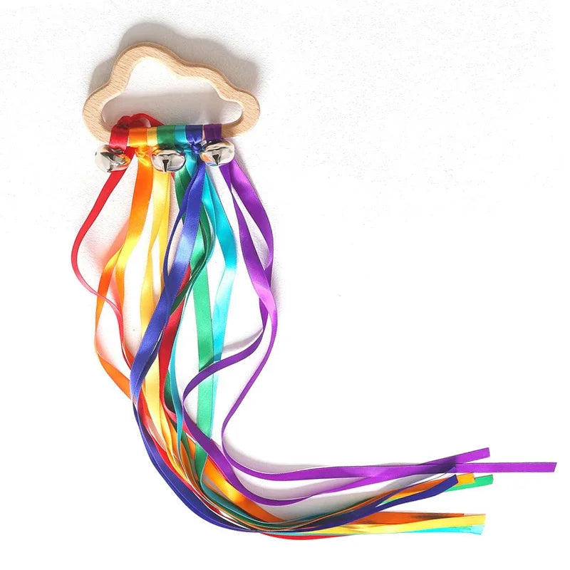 Rainbow Ribbon Ring Sensory Toy Natural Wooden Teether for Babies Baby Stork